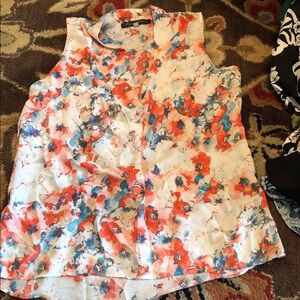 Rose & Olive Sleeveless Watercolor Floral Blouse - White, Coral & Teal